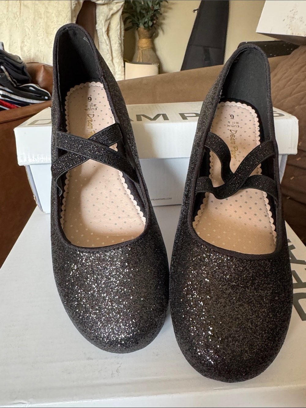 Girls Black Glitter Mary Jane Flats with Cross-Strap